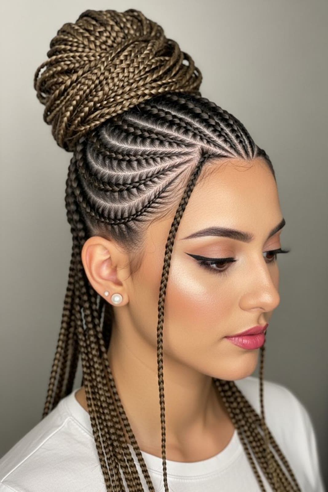 Cornrow Updo Bun — Cornrows & feed-in braids at Qasr Alshar Salon, Dubai — crisp, precise lines near Union Metro, Deira.