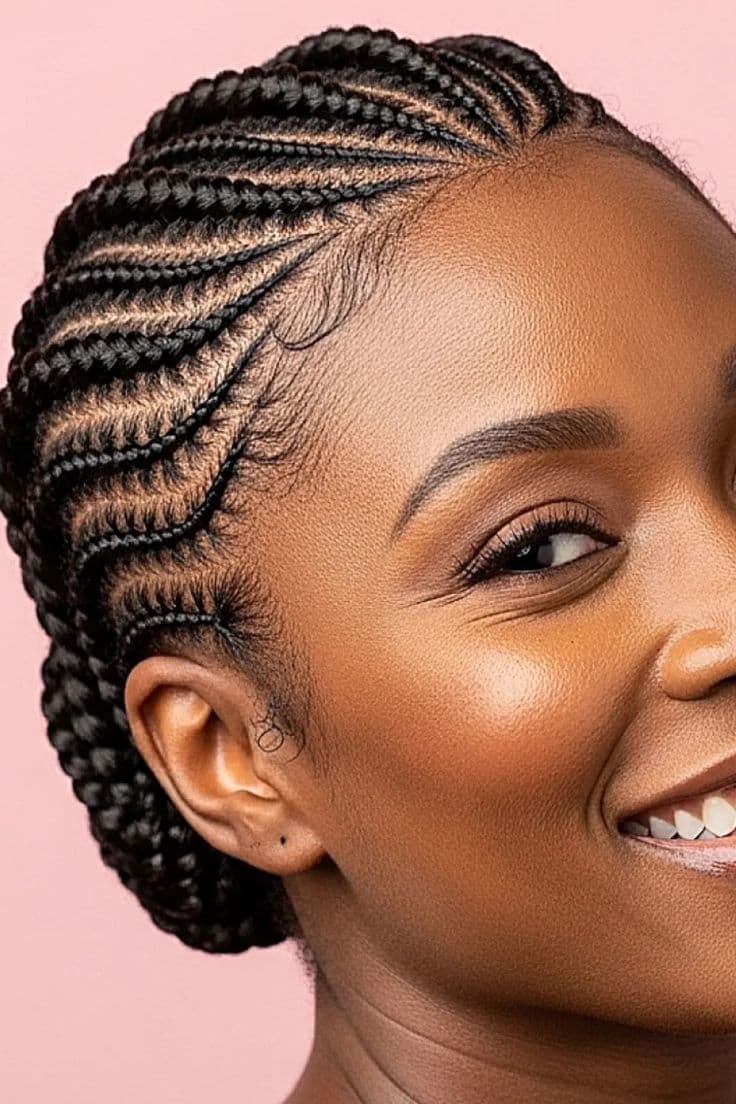 Sleek Cornrow Updo — Cornrows & feed-in braids at Qasr Alshar Salon, Dubai — crisp, precise lines near Union Metro, Deira.