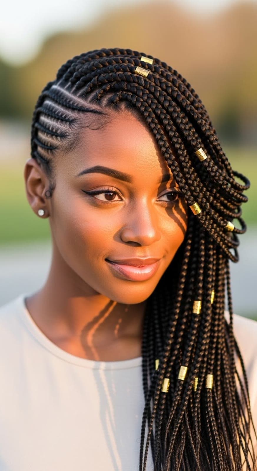 Knotless Box with Gold Beads — Knotless & box braids by Qasr Alshar Salon, Dubai — gentle, protective styling for Afro-textured hair near Union Metro, Deira.