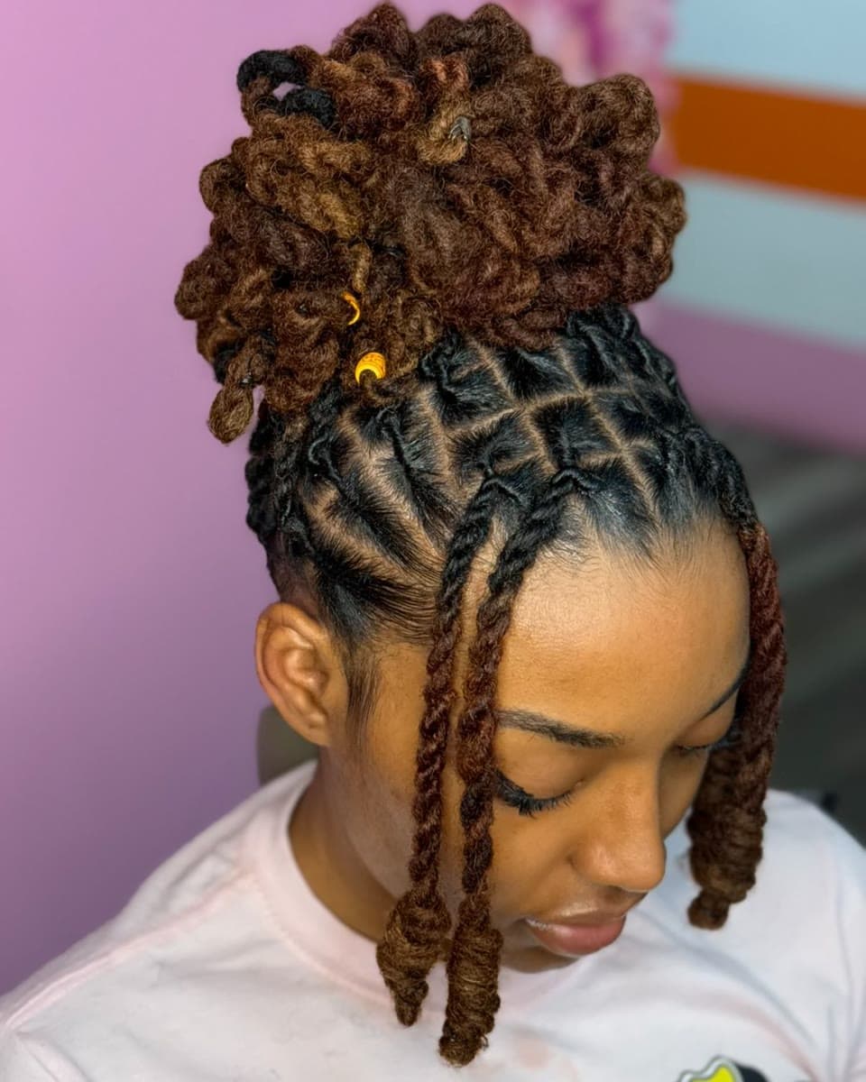 Twisted Locs Updo — Locs, sister locks & dreadlock styling at Qasr Alshar Salon, Dubai — near Union Metro, Deira.
