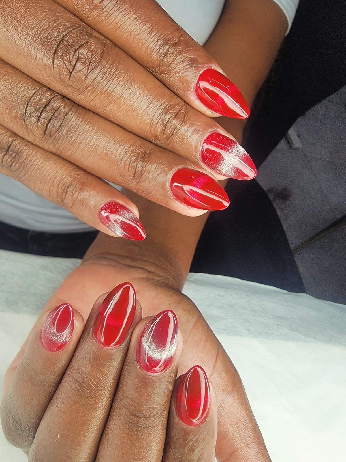 Red Ombré Almond — Gel manicures, pedicures, nail art & extensions at Qasr Alshar Salon, Dubai — near Union Metro, Deira.