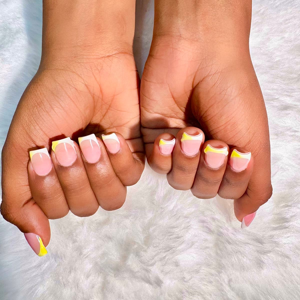 Yellow French Tip — Gel manicures, pedicures, nail art & extensions at Qasr Alshar Salon, Dubai — near Union Metro, Deira.
